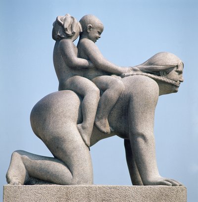 Woman with two children riding on her back by Gustav Vigeland